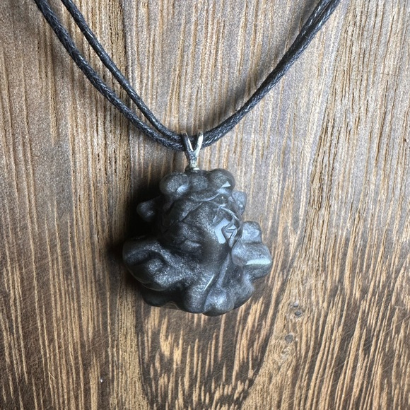 Silver Sheen Obsidian Goldfish Pendant Necklace on Black Rope - Picture 10 of 12